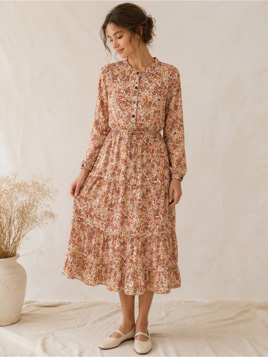 Vintage Dresses & Skirts - Vintage Cottagecore Floral Midi Dress Prairie Romantic Button Front Boho
